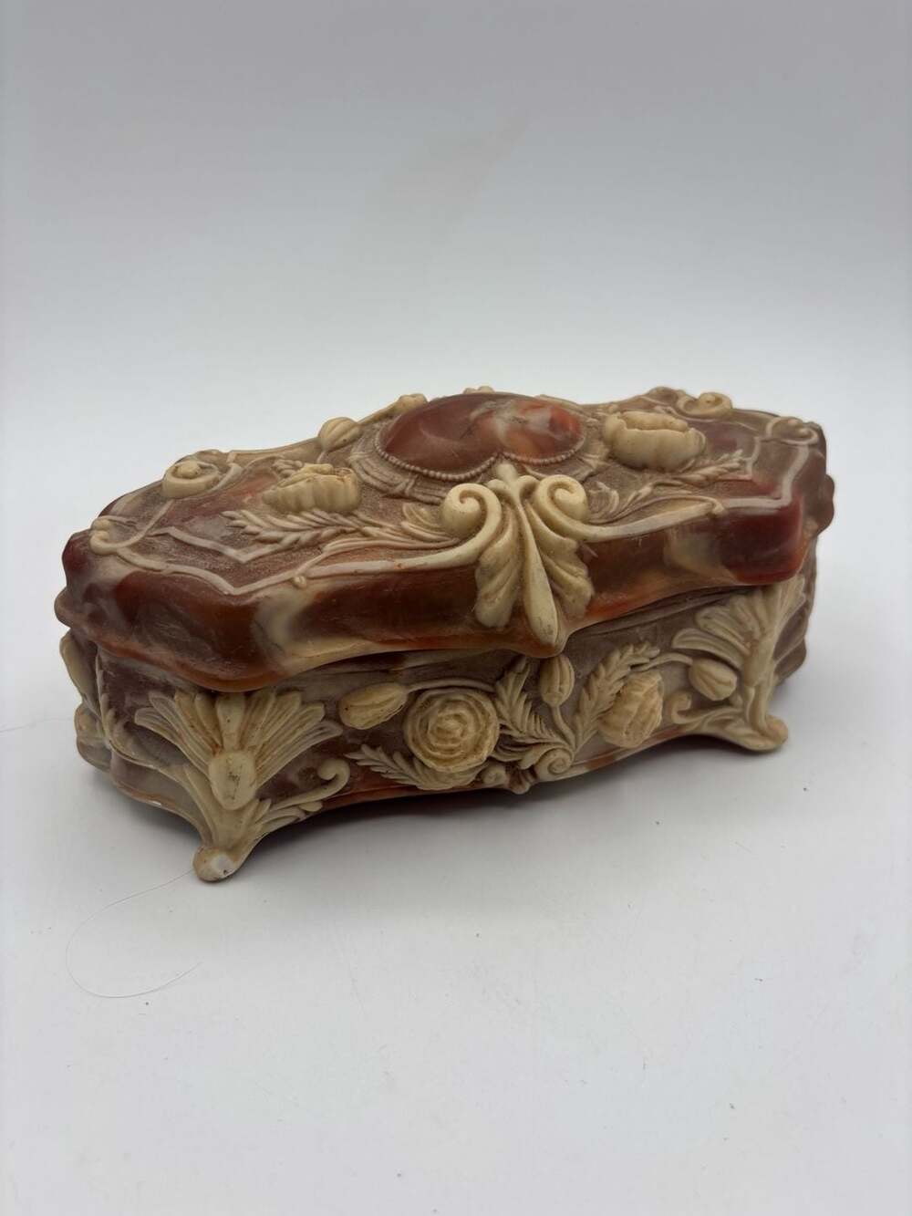 Vintage Incolay Stone Genuine Jewelry Trinket Box Pink Handcrafted Ornate Floral